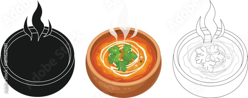 Set of three icons representing hot spicy soup in bowl black silhouette, color illustration, and line art