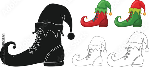 Collection of elf boot icons in silhouette, color, and outline style