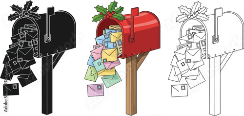 Collection of three mailbox illustrations in color, silhouette, and outline style