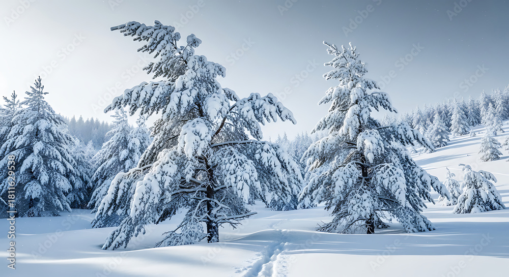 Fototapeta premium Serene snow-covered pine trees stand tall in a tranquil winter forest landscape.