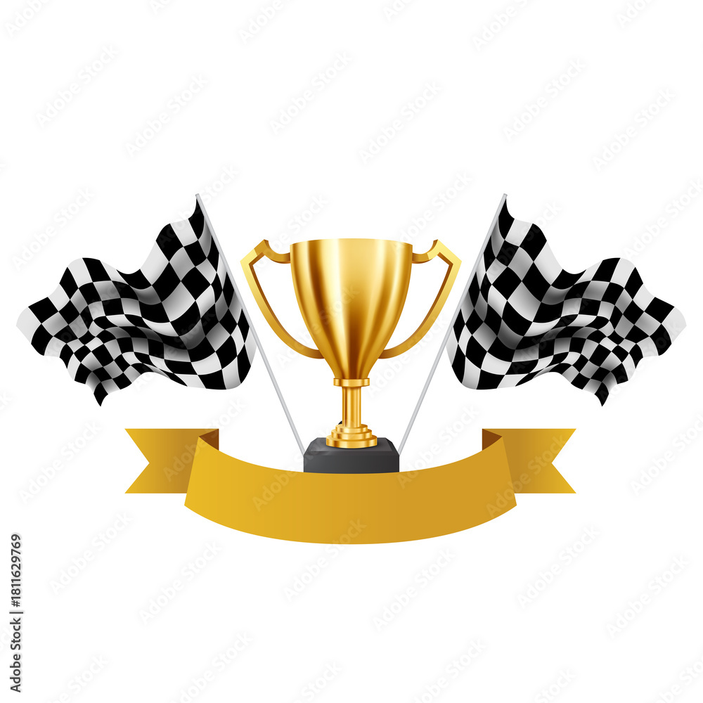 Naklejka premium Victory's Emblem: A shining golden trophy stands proudly amidst fluttering checkered flags and an elegant gold banner, symbolizing the peak of achievement and the thrill of the race.