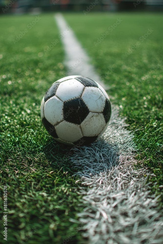 Fototapeta premium A soccer ball sitting on a green field with white lines