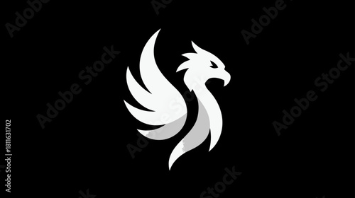 Elegant White Stylized Mythical Bird Symbol on Black Background. Modern Abstract Phoenix Icon for Branding and Design.
