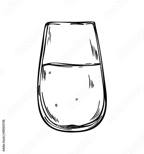 Half full glass with refreshing carbonated beverage monochrome vector isolated illustration painted by black inks. Sparkling drink with bubbles etching drawing. Mineral water for menu, summer design