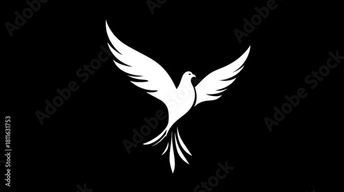 Elegant white stylized bird silhouette flying with outstretched wings on black background, symbolizing peace, freedom, and spirituality