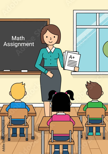 Smiling female teacher in a vibrant elementary classroom actively engages her attentive students, presenting a new math assignment along with successfully graded papers