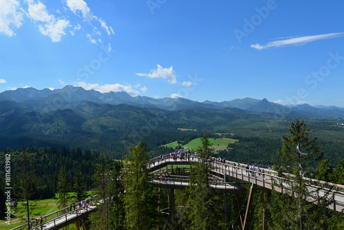 Treetop walk. Tower details and views from a metal observation tower with a modern glass terrace offering a stunning panorama of the High Tatras. Zakopane, Male Ciche, Poronin, Poland