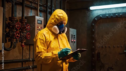 A worker in a yellow hazmat suit carefully inspects the industrial interior with dark walls, pipes, and metal door under flourescent lights, documenting on checklist.