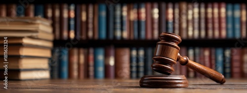 A wooden gavel rests on a desk in front of a large, blurred bookshelf filled with legal volumes
