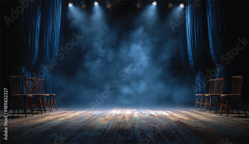 Empty Stage with Dramatic Lighting and Wooden Chairs Illustration