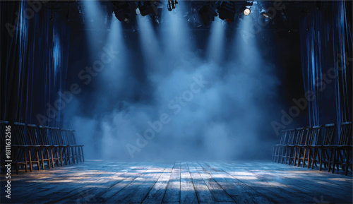 Empty stage illuminated with spotlights and smoke ready for performance
