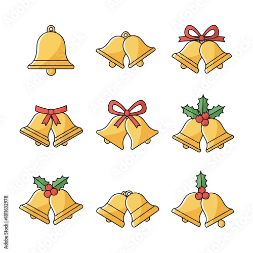 Collection of Christmas Bells with Bows and Holly Decorations.