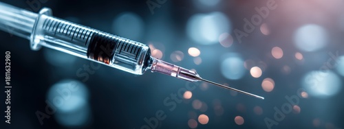 Close-up of a syringe with a needle against a blurred background of night city lights