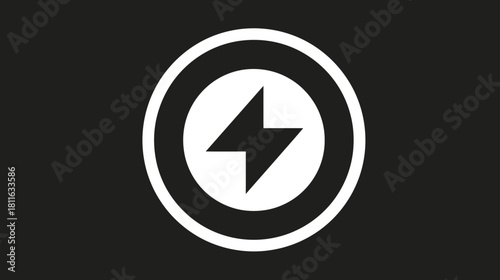 Modern Lightning Bolt Power Energy Speed Flash Icon. White Circle Symbol on Dark Background for Technology, Alert, Fast Concepts.