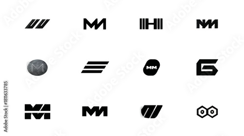 Collection of abstract geometric modern minimal black and white logos, symbols, and icons for branding, corporate identity, and graphic design elements