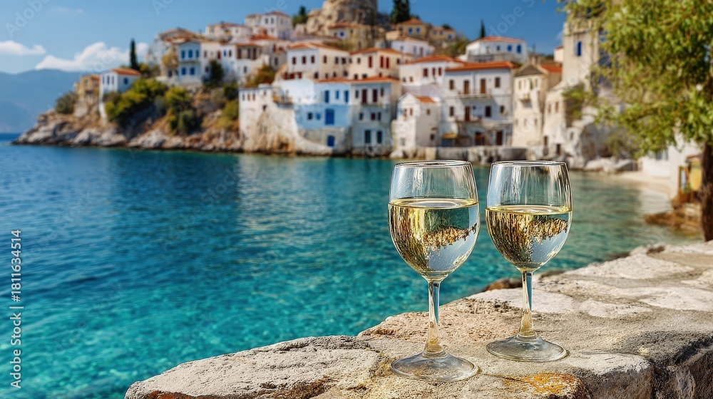 Obraz premium Two glasses of white wine on a stone wall overlooking a turquoise bay and Greek town