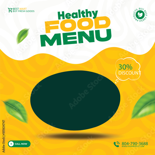 Vibrant healthy food menu advertisement featuring a delicious bowl of fresh green vegetables and leaves with a discount offer