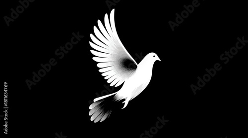Elegant White Dove in Flight Against Black Background, Symbol of Peace, Purity, Hope, Freedom, and Spirituality