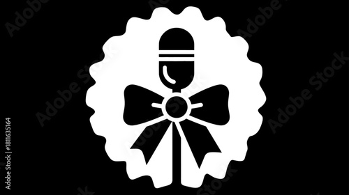 Stylized microphone icon with a decorative bow tie and scalloped circular frame, ideal for audio, music, podcast, and celebration themes.