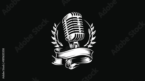 Classic Retro Microphone Emblem with Laurel Wreath and Banner. Vintage Music, Podcast, Broadcast, Audio Design.