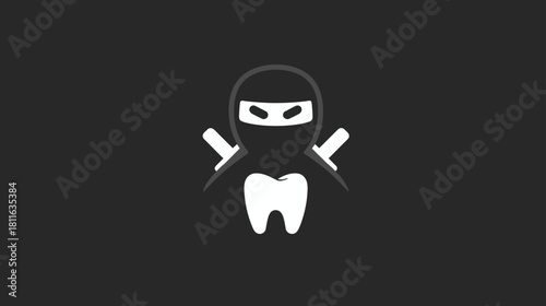 Sleek minimalist ninja character with a tooth body and crossed swords, a modern icon for dental health, care, or swift service.