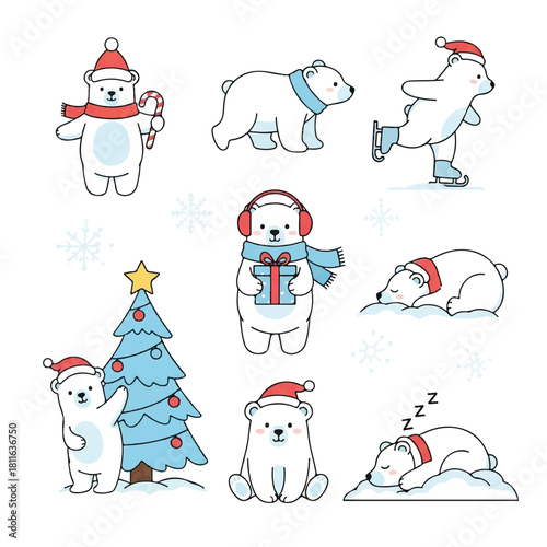 Collection of Adorable Polar Bears Celebrating Christmas Season.