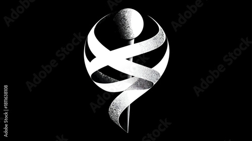 Abstract black and white minimalist symbol with a spiral ribbon design encircling a sphere, elegant graphic element on dark background.