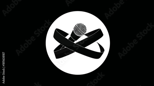 Classic Microphone with Black Ribbon Graphic on White Circle. Audio, Music, Podcast, Speech Symbol.