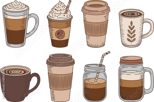 Cozy Vector Collection of Hand-Drawn Coffee and Hot Chocolate Beverages, Featuring Takeaway Cups, Whipped Cream, Decorated Mugs, and Iced Drinks in Earth Tone Colors.