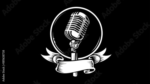 Vintage retro microphone illustration with a banner. Hand-drawn engraving style emblem for music, audio, podcast, or broadcast concepts.