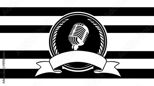 Vintage microphone emblem with striped background, classic retro audio badge. Ideal for music, podcast, radio, or sound recording themes.