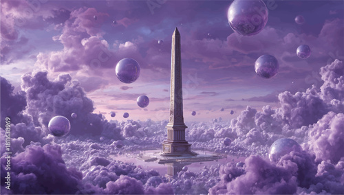 Majestic Obelisk Rises Above Dreamlike Clouds with Floating Spheres and Fantasy Sky