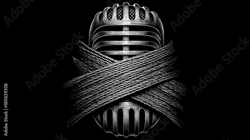 Vintage silver microphone wrapped tightly with rustic cord on a dark black background, retro music or silenced voice concept, grayscale.