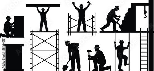 Black silhouette of construction workers team working on scaffolding building site, holding tools, climbing ladders, lifting heavy beams, digging with shovels, industrial labor concept.