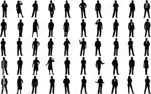 Big collection of fifty black people silhouettes standing in various poses, men and women vector icons set isolated on white background, business crowd group.