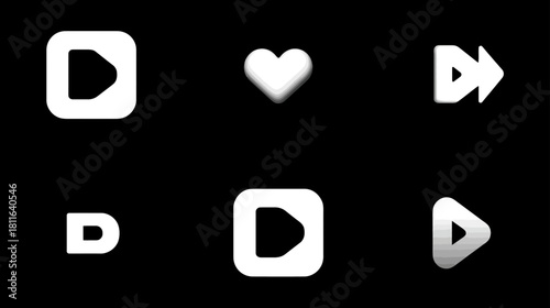 Set of 3D rendered white UI icons: play, heart, and fast forward buttons for media player or application interface on black background