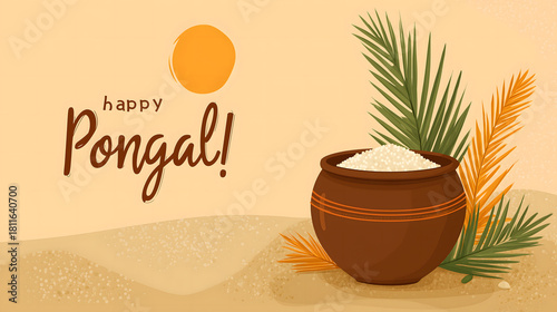 Clay Pot Filled with Rice Grains and Happy Pongal Text on Indian Village Sunrise Background