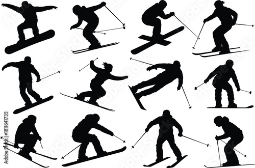 Collection of twelve black vector silhouettes featuring skiers and snowboarders in action poses, jumping and sliding, isolated on white background for winter sports design.