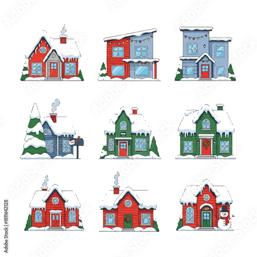 Collection of Whimsical Winter Houses with Snow-Covered Roofs.