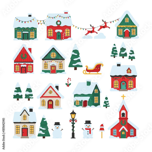 Festive Christmas Village Illustration with Snow-Covered Houses and Decorations.