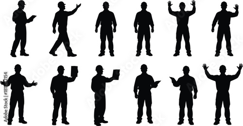 Collection of twelve black vector silhouettes of construction workers, engineers, and builders wearing safety hard hats, standing, walking, and holding blueprints, isolated on white.