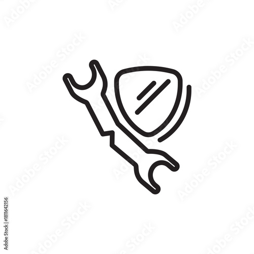 Minimal outline icon of a wrench crossed with a shield, representing secure maintenance, system protection, and reliable tech support for IT services, apps, dashboards, and cybersecurity materials.