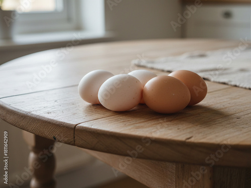 Set of Ten Fresh Eggs on Rustic Kitchen Background
