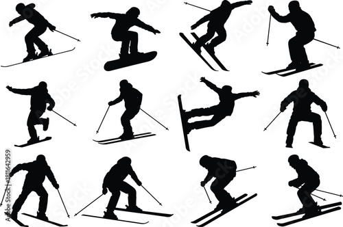 Set of black silhouettes of skiers and snowboarders riding on snow, winter sport activity, man jumping and sliding, vector illustration isolated on white background.
