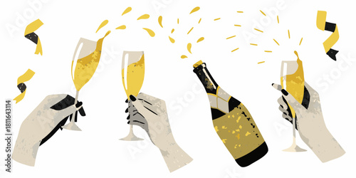 Champagne toast celebration with hands glasses bottle and confetti