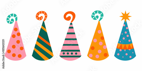 Collection of colorful party hats with different patterns and decorations