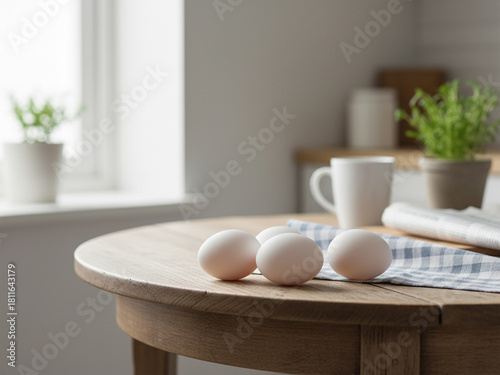 Set of Ten Fresh Eggs on Rustic Kitchen Background