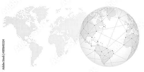 Global network connection concept. Big data or Social network communication visualization. Dotted Map of the World and World Map Globe with city connections. Vector Internet technology design
