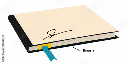 Closed book with signature and bookmark on white background illustration