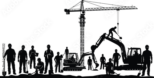 Silhouette of construction site team including workers, engineers, heavy machinery, crane, and excavator, vector illustration concept for industrial building development, real estate, and labor.